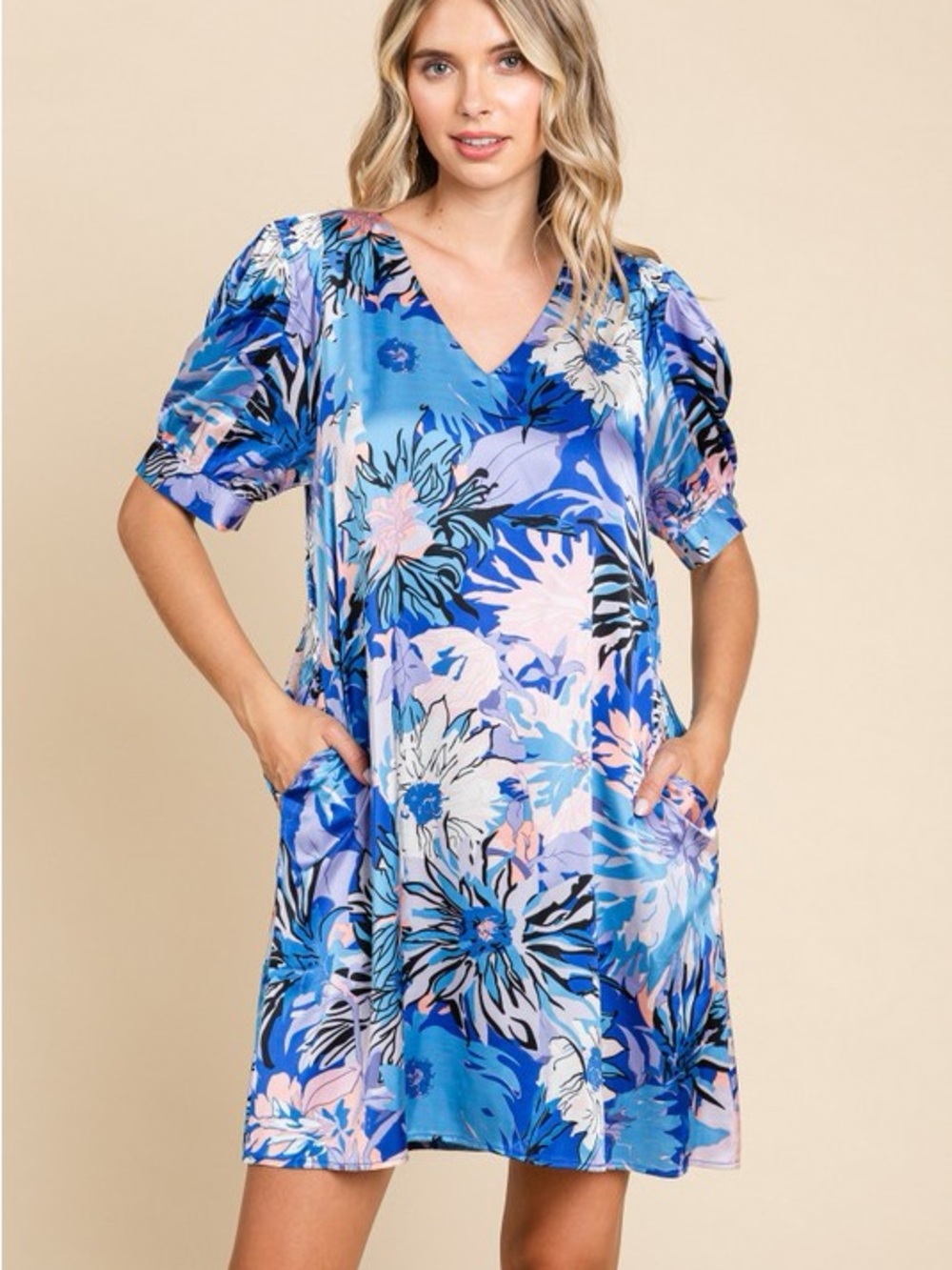 Blue Satin Floral V-Neck Puff Sleeve Dress - Picture 2 of 3